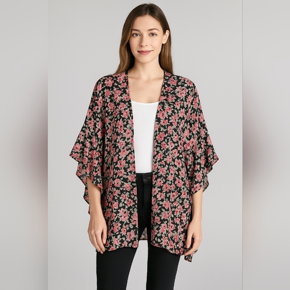 Umgee Sweaters - Umgee Floral Kimono Cardigan - Black and Pink